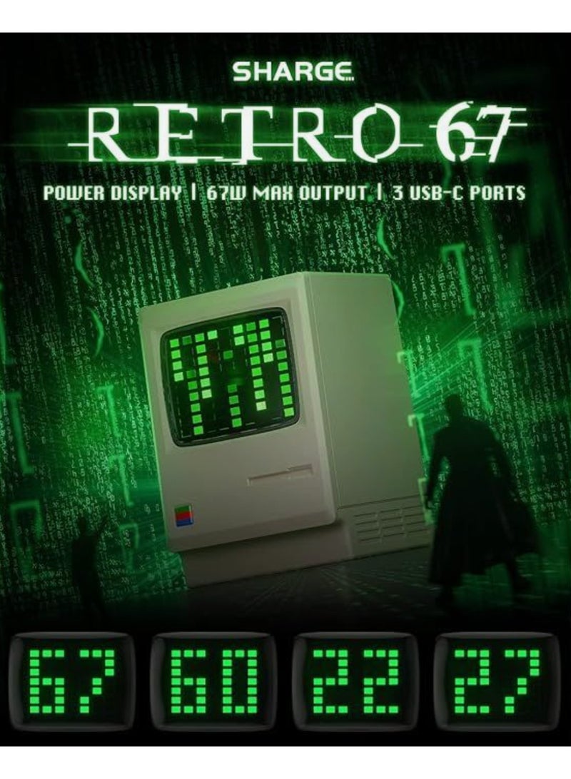 شارج شاحن SHARGE Retro السريع بتقنية GaN بقوة 67 واط - 3 منافذ USB-C، عرض فوري للطاقة، وشحن ذكي متعدد الأجهزة لأنظمة iOS وAndroid - Image 4